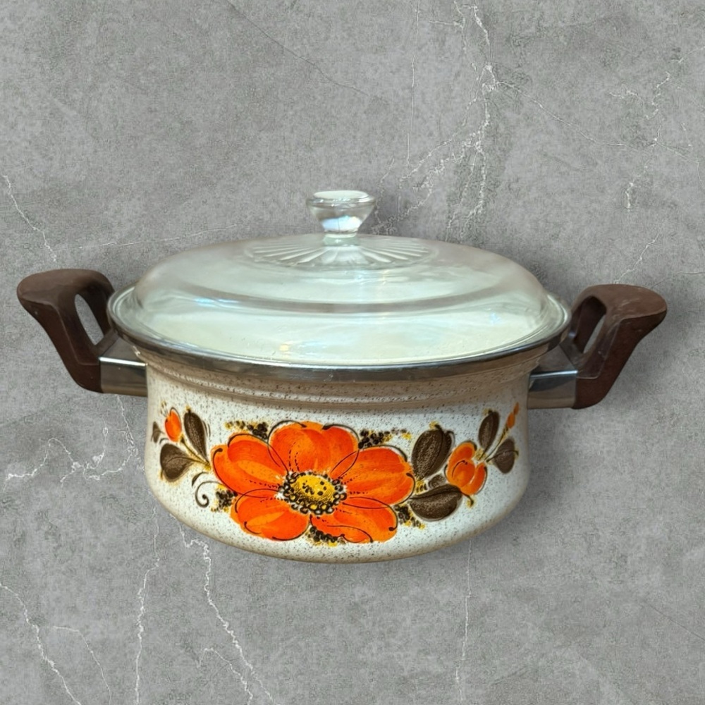 Vintage Sanko Ware Orange Poppy Japan Pan with Clear‎ Glass Lid